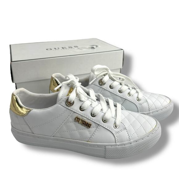 NEW Guess White Sneakers 7.5 Gold Embellished Loven Lace Up Sneakers Quilted - Picture 12 of 13